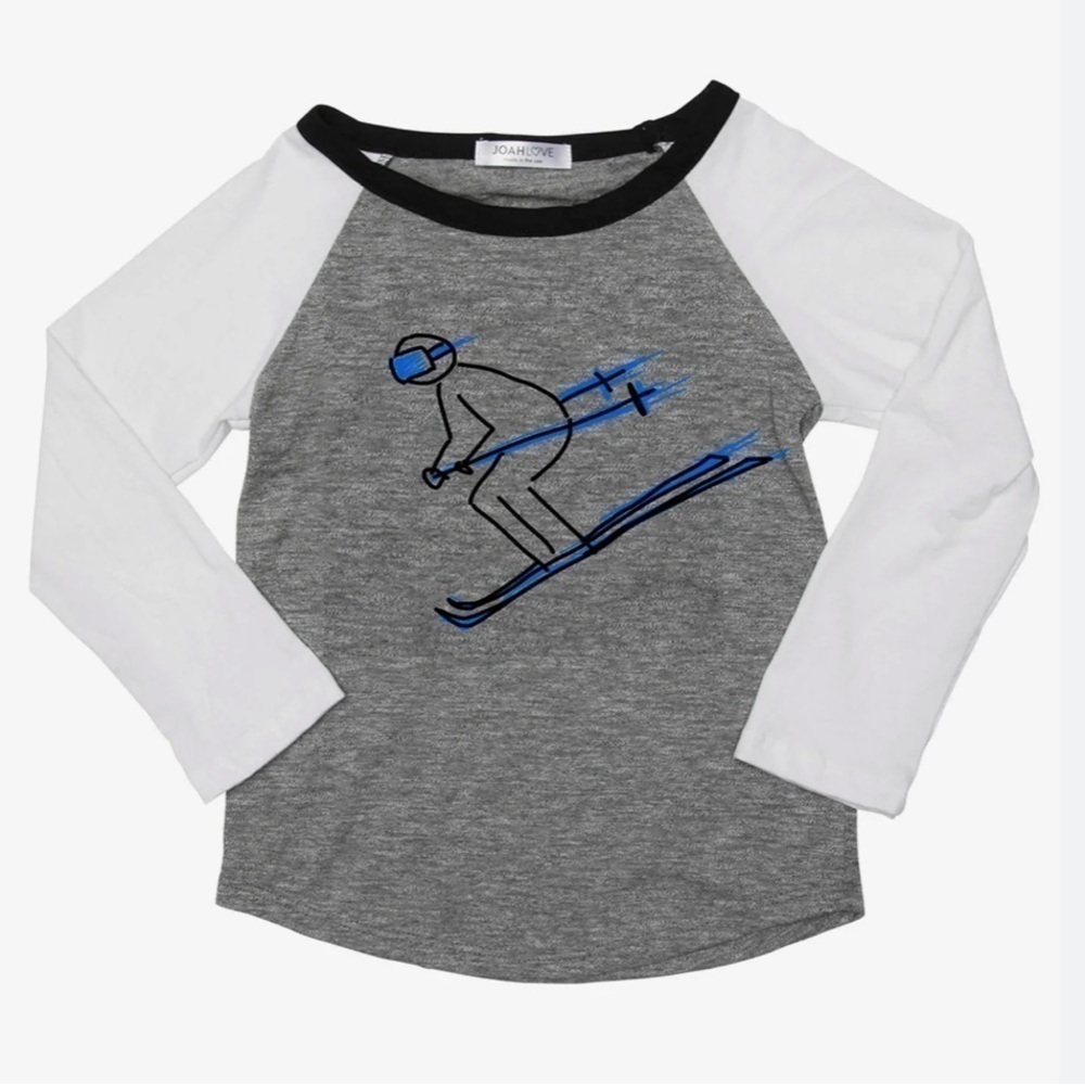 Joah Love Kids Raglan Long Sleeve T-shirt Ski Graphic Gray/White/Black/Blue SZ 6